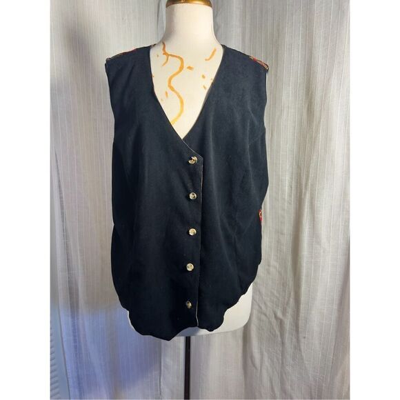 Vintage Abstract Oriental Scenic Reversible Black Gold Vest- Size 18W - Picture 1 of 9